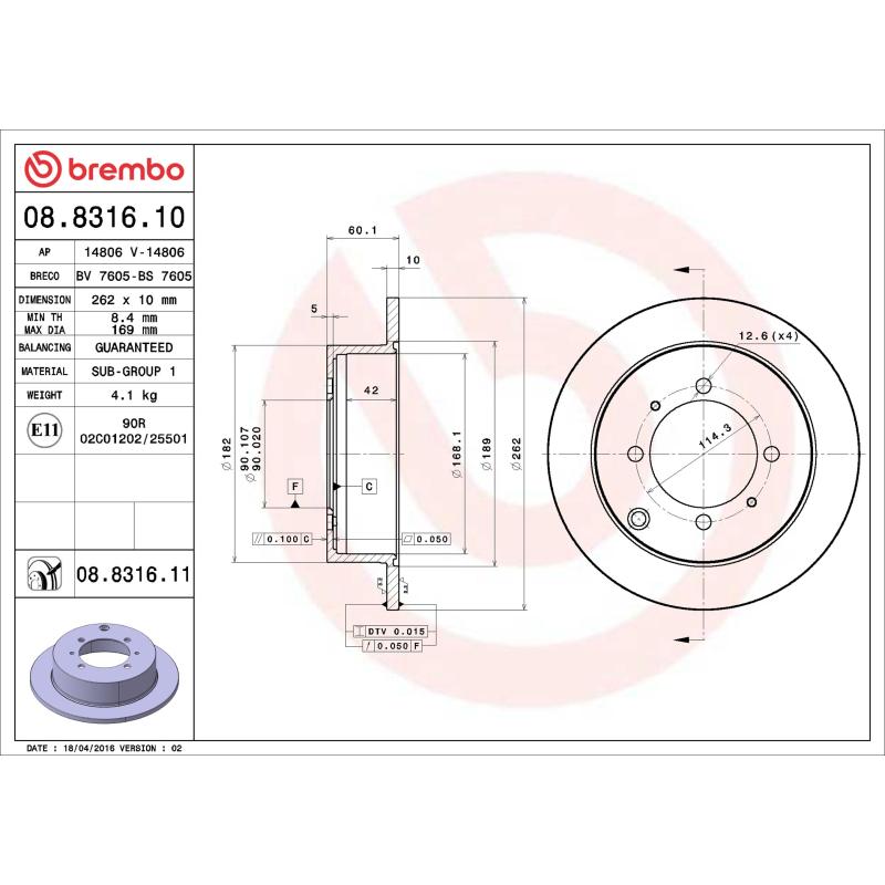Jeu de 2 disques de frein arrière BREMBO 08.8316.10 - Visuel 1
