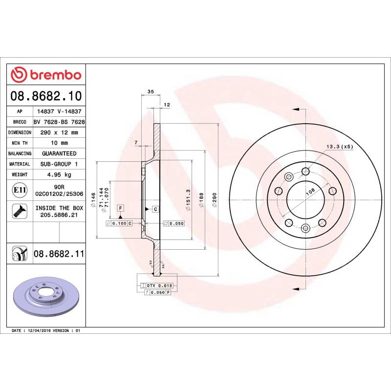 Jeu de 2 disques de frein arrière BREMBO 08.8682.10 - Visuel 1