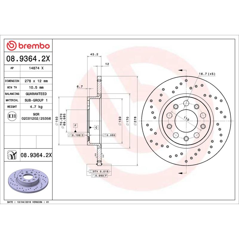 Jeu de 2 disques de frein arrière BREMBO 08.9364.2X - Visuel 1