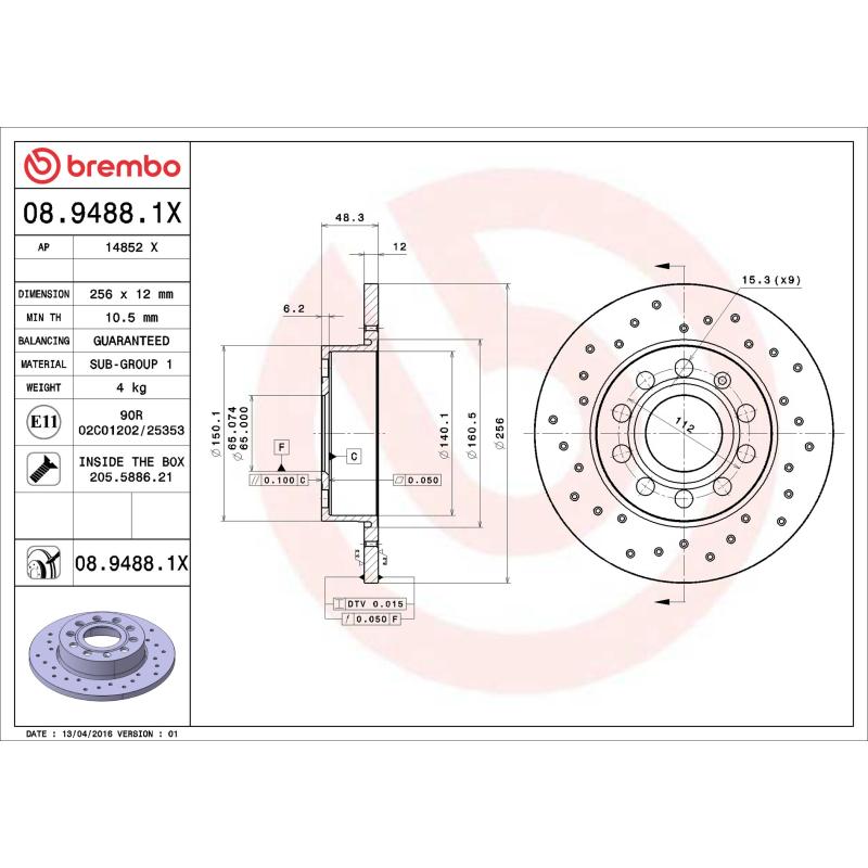Jeu de 2 disques de frein arrière BREMBO 08.9488.1X - Visuel 1
