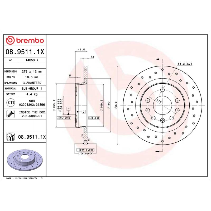 Jeu de 2 disques de frein arrière BREMBO 08.9511.1X - Visuel 1