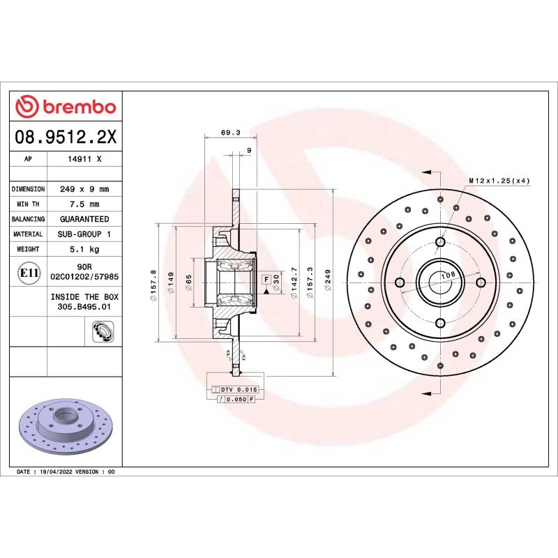 Jeu de 2 disques de frein arrière BREMBO 08.9512.2X - Visuel 1