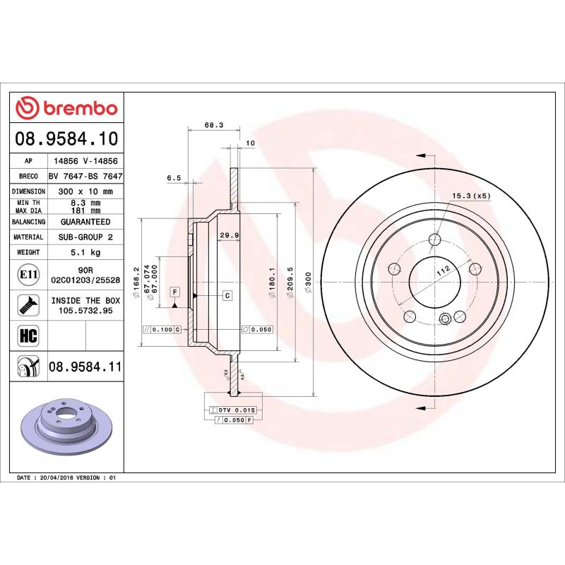 Jeu de 2 disques de frein arrière BREMBO 08.9584.11 - Visuel 1