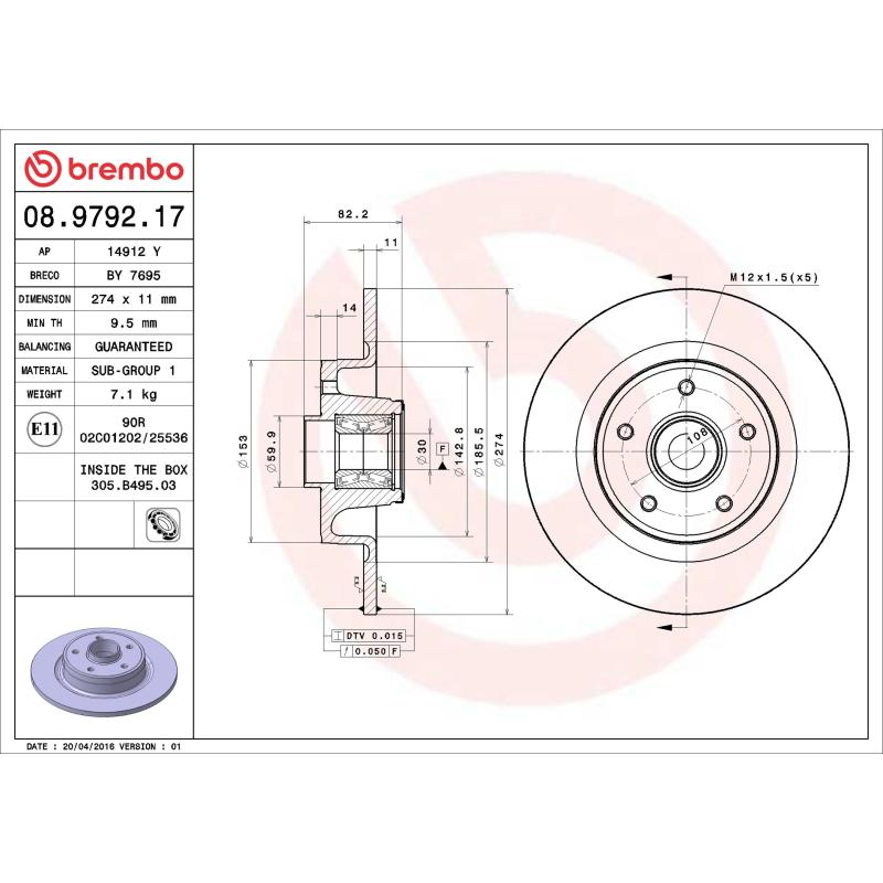 Jeu de 2 disques de frein arrière BREMBO 08.9792.17 - Visuel 1