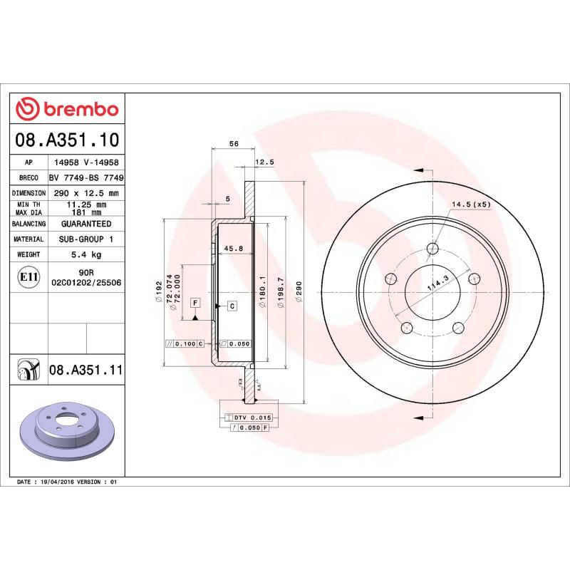 Jeu de 2 disques de frein arrière BREMBO 08.A351.11 - Visuel 1