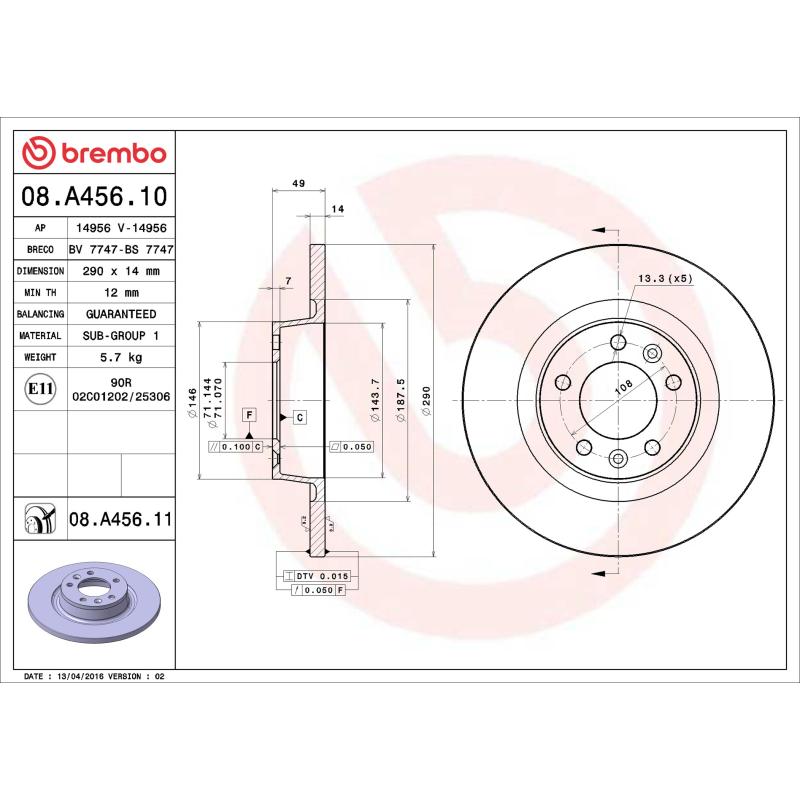 Jeu de 2 disques de frein arrière BREMBO 08.A456.10 - Visuel 1