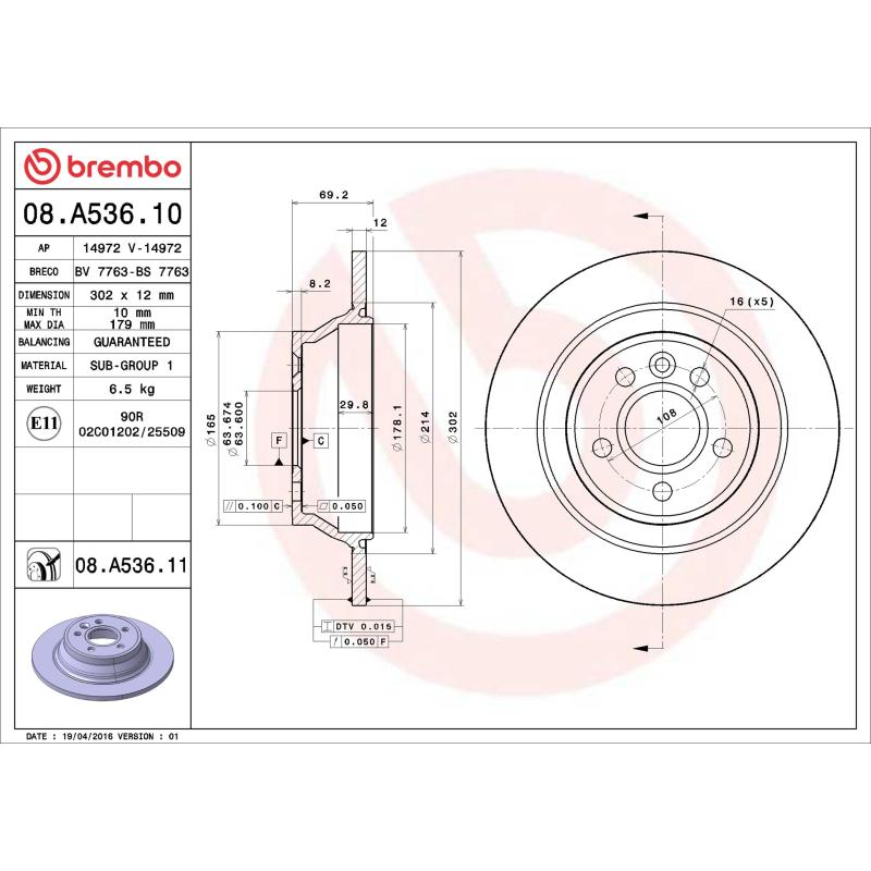 Jeu de 2 disques de frein arrière BREMBO 08.A536.11 - Visuel 1