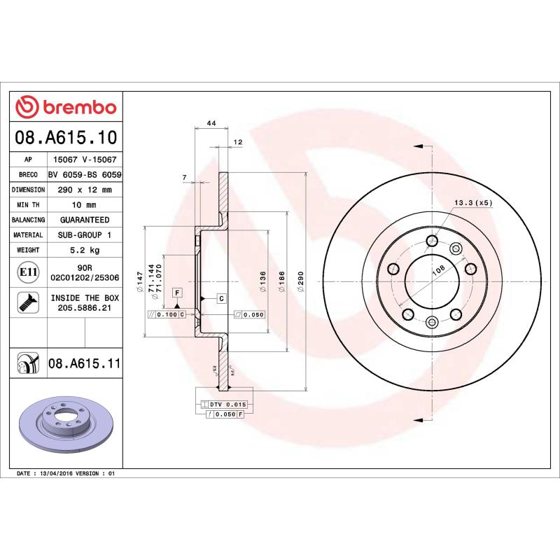 Jeu de 2 disques de frein arrière BREMBO 08.A615.11 - Visuel 1