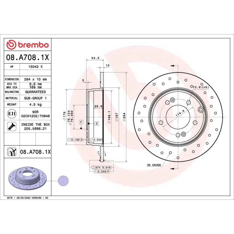 Jeu de 2 disques de frein arrière BREMBO 08.A708.1X - Visuel 1