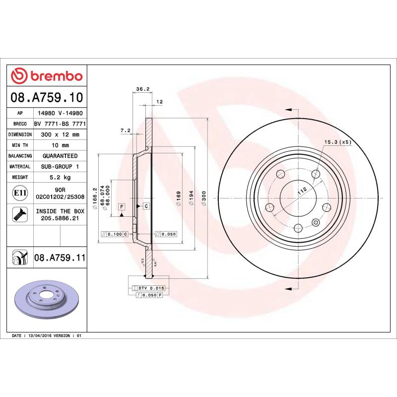 Jeu de 2 disques de frein arrière BREMBO 08.A759.10 - Visuel 1