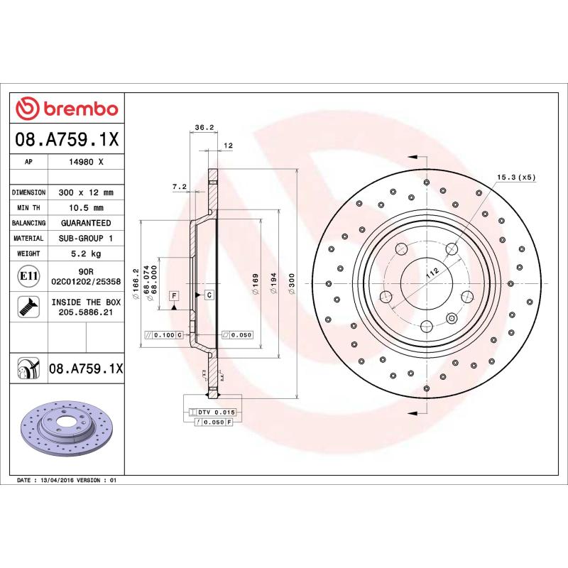 Jeu de 2 disques de frein arrière BREMBO 08.A759.1X - Visuel 1