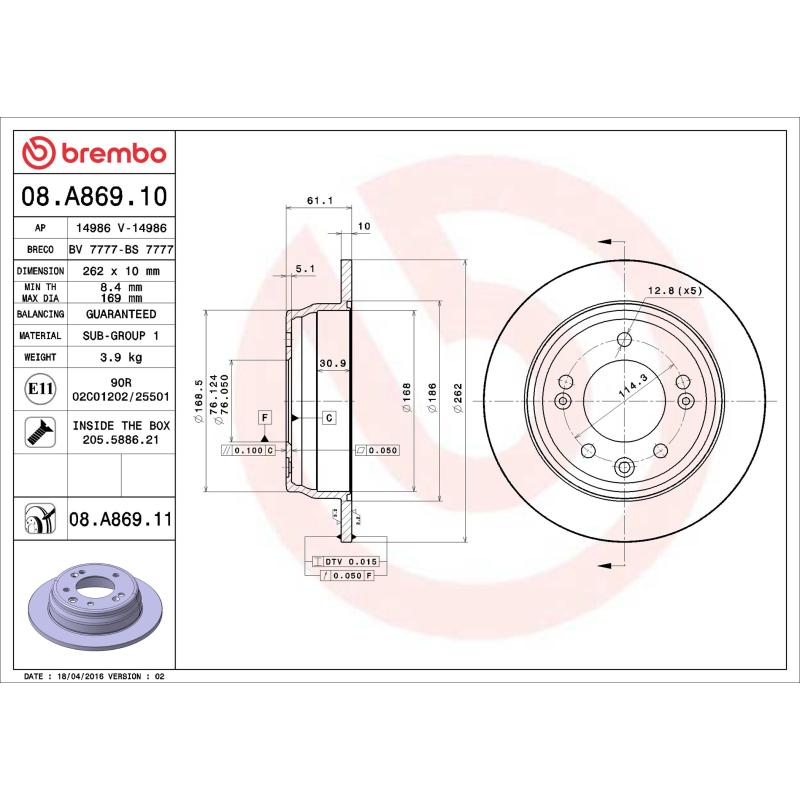 Jeu de 2 disques de frein arrière BREMBO 08.A869.10 - Visuel 1