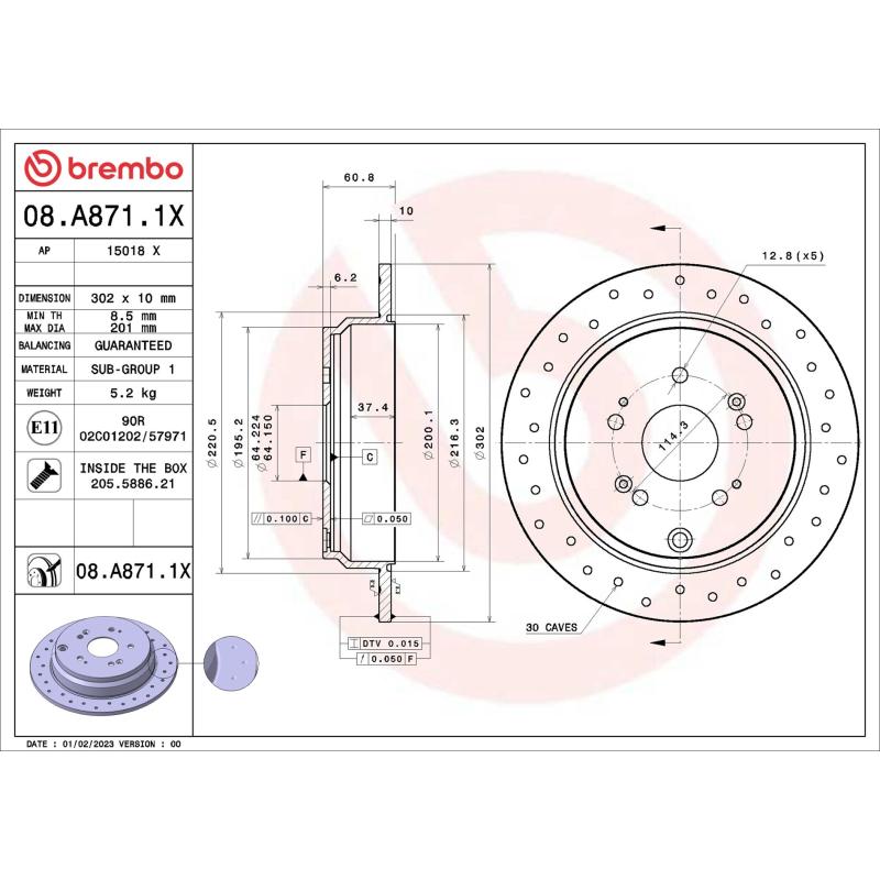 Jeu de 2 disques de frein arrière BREMBO 08.A871.1X - Visuel 1