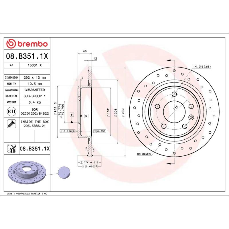 Jeu de 2 disques de frein arrière BREMBO 08.B351.1X - Visuel 1