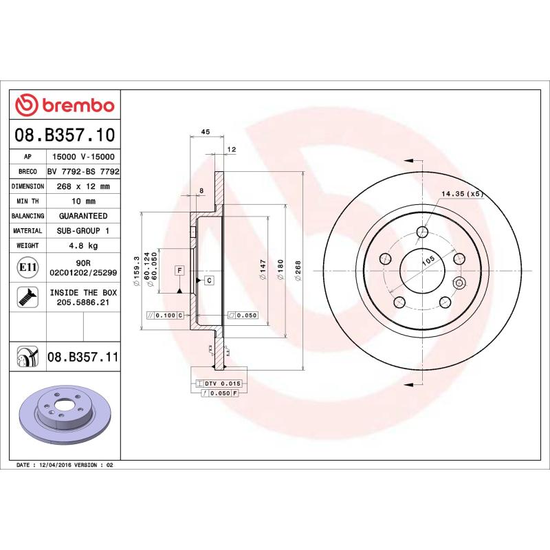 Jeu de 2 disques de frein arrière BREMBO 08.B357.10 - Visuel 1