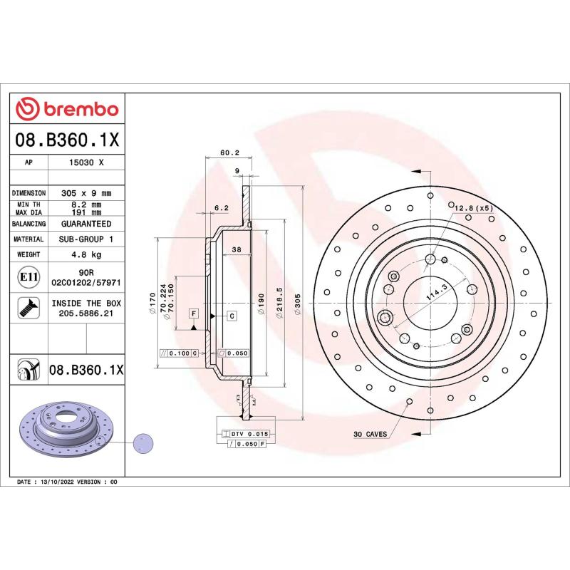 Jeu de 2 disques de frein arrière BREMBO 08.B360.1X - Visuel 1