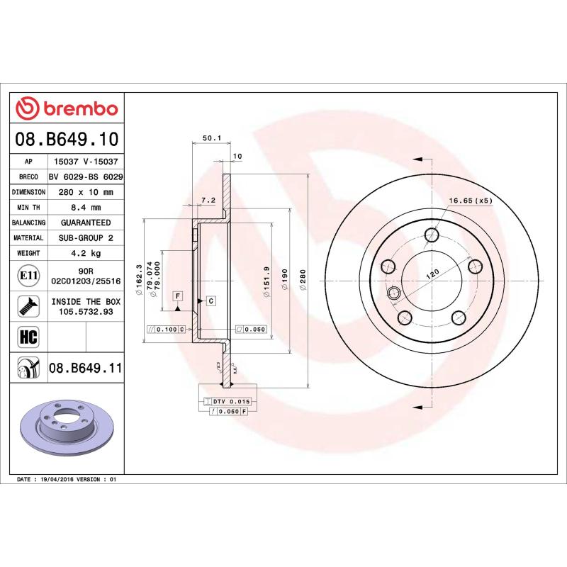 Jeu de 2 disques de frein arrière BREMBO 08.B649.10 - Visuel 1