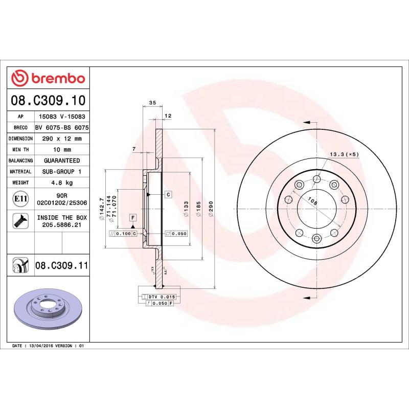 Jeu de 2 disques de frein arrière BREMBO 08.C309.11 - Visuel 1