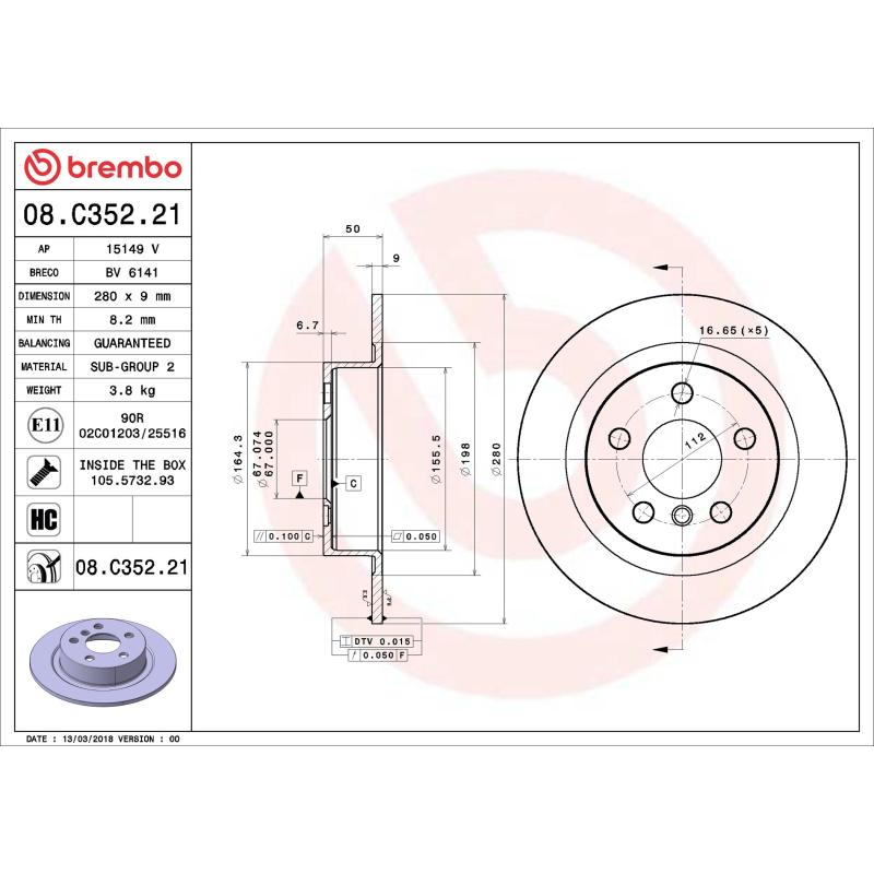 Jeu de 2 disques de frein arrière BREMBO 08.C352.21 - Visuel 1
