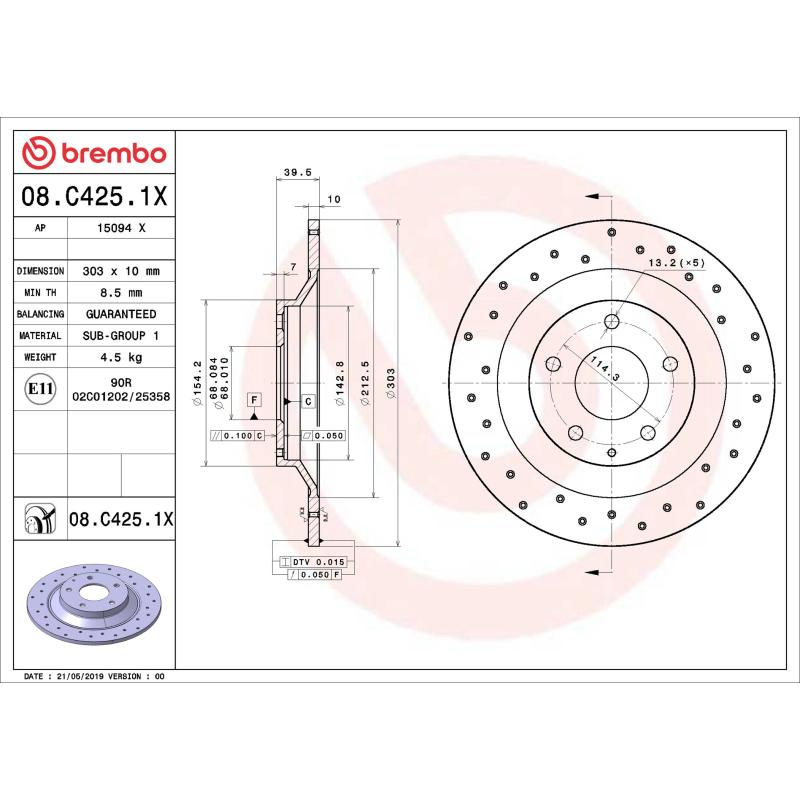 Jeu de 2 disques de frein arrière BREMBO 08.C425.1X - Visuel 1