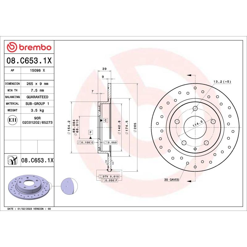 Jeu de 2 disques de frein arrière BREMBO 08.C653.1X - Visuel 1