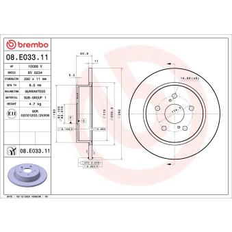 Jeu de 2 disques de frein arrière BREMBO 08.E033.11 pour TOYOTA C-HR 1.8 Hybrid - 98cv