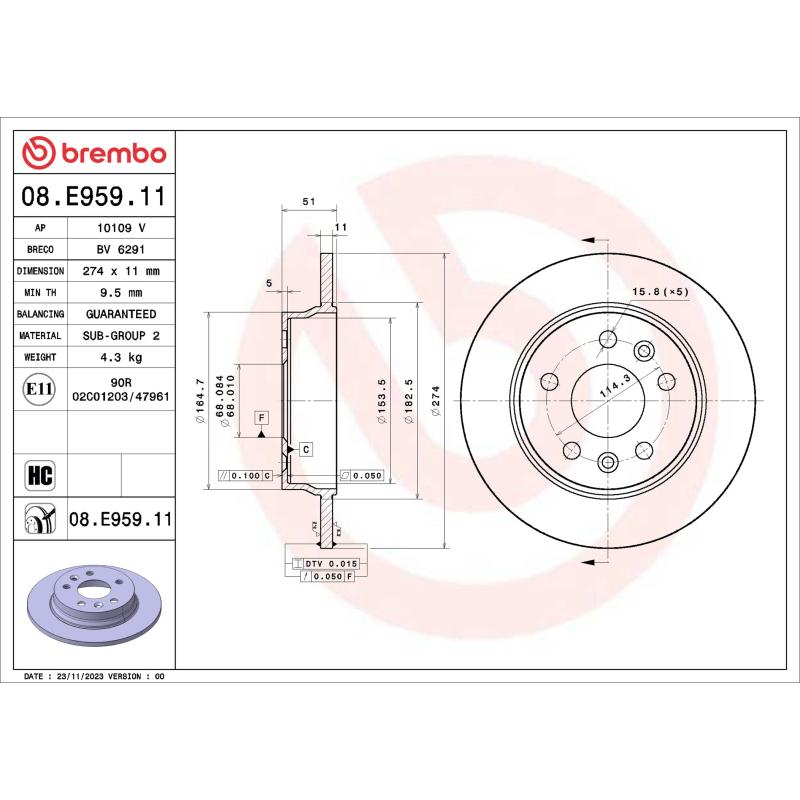 Jeu de 2 disques de frein arrière BREMBO 08.E959.11 - Visuel 1