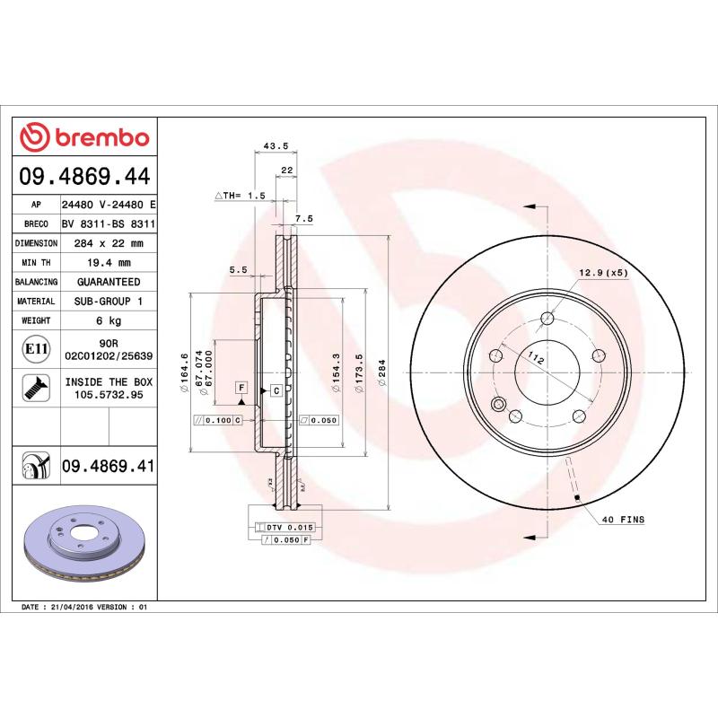 Jeu de 2 disques de frein avant BREMBO 09.4869.44 - Visuel 1