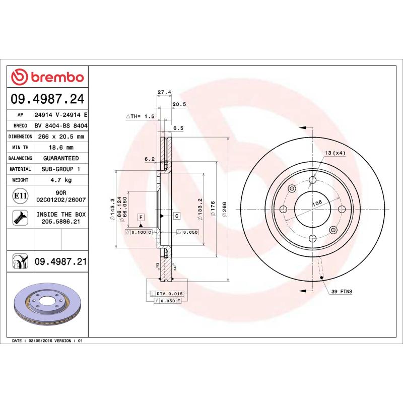 Jeu de 2 disques de frein avant BREMBO 09.4987.21 - Visuel 1