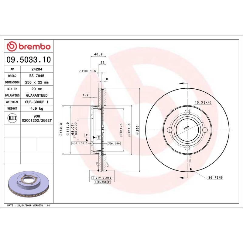 Jeu de 2 disques de frein avant BREMBO 09.5033.10 - Visuel 1