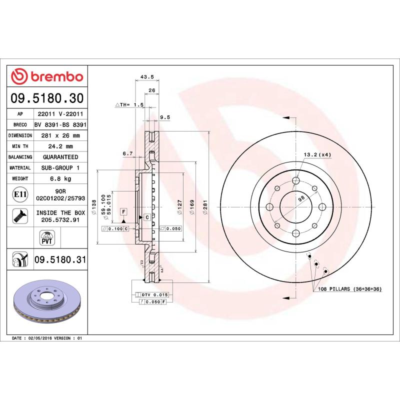 Jeu de 2 disques de frein avant BREMBO 09.5180.31 - Visuel 1