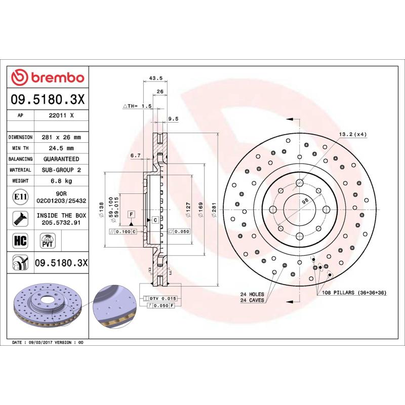 Jeu de 2 disques de frein avant BREMBO 09.5180.3X - Visuel 1