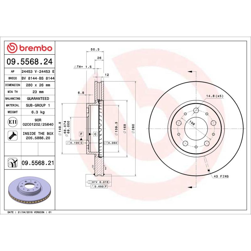 Jeu de 2 disques de frein avant BREMBO 09.5568.21 - Visuel 1