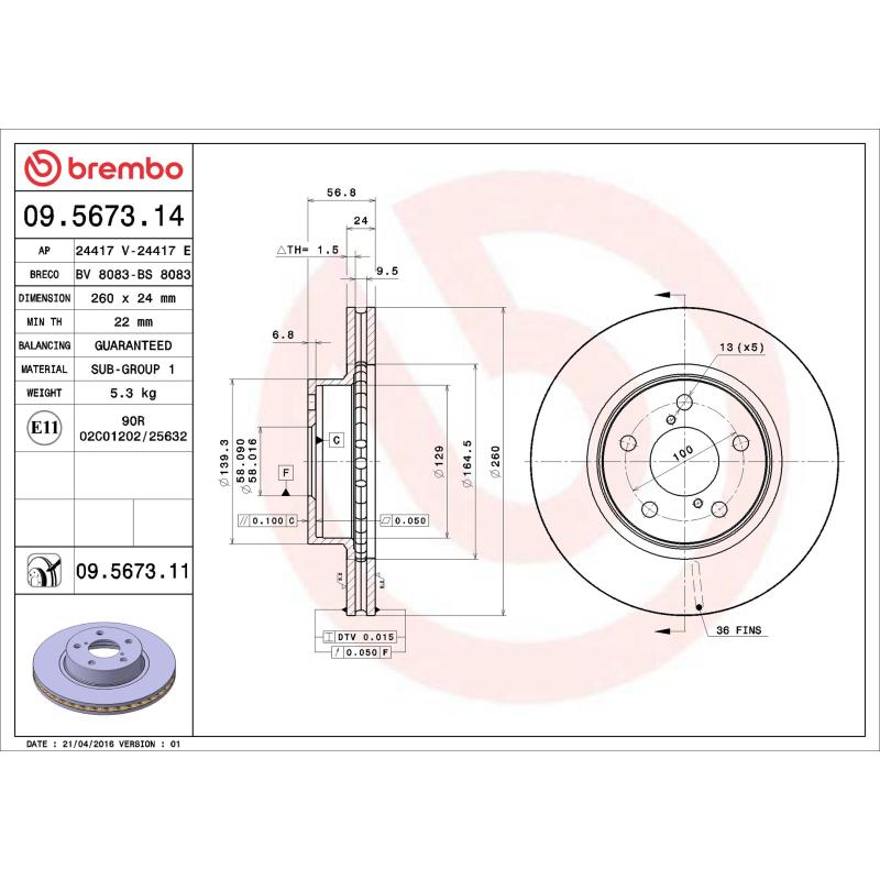 Jeu de 2 disques de frein avant BREMBO 09.5673.11 - Visuel 1