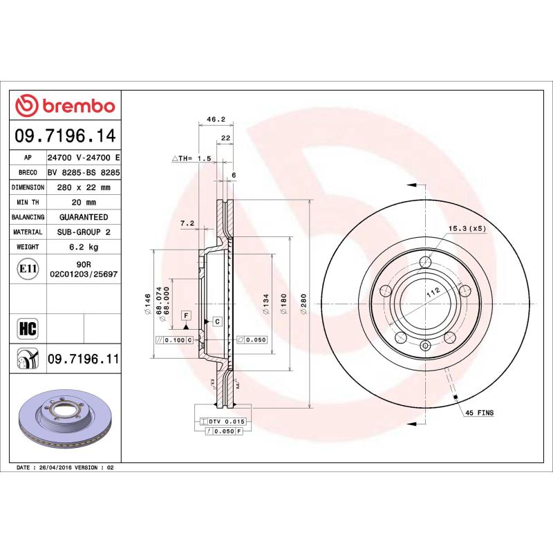 Jeu de 2 disques de frein avant BREMBO 09.7196.11 - Visuel 1