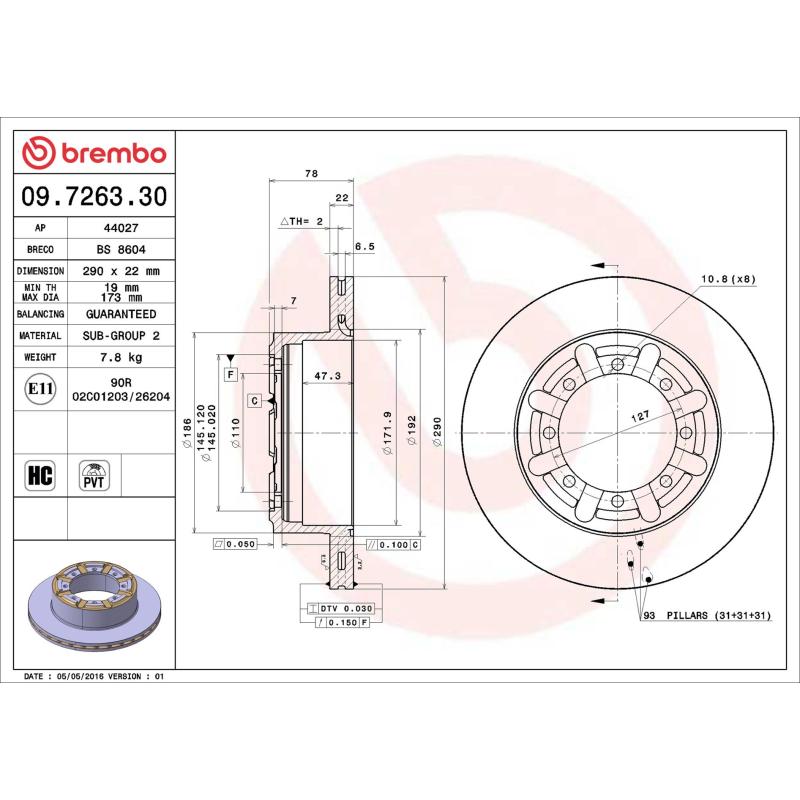 Jeu de 2 disques de frein arrière BREMBO 09.7263.30 - Visuel 1