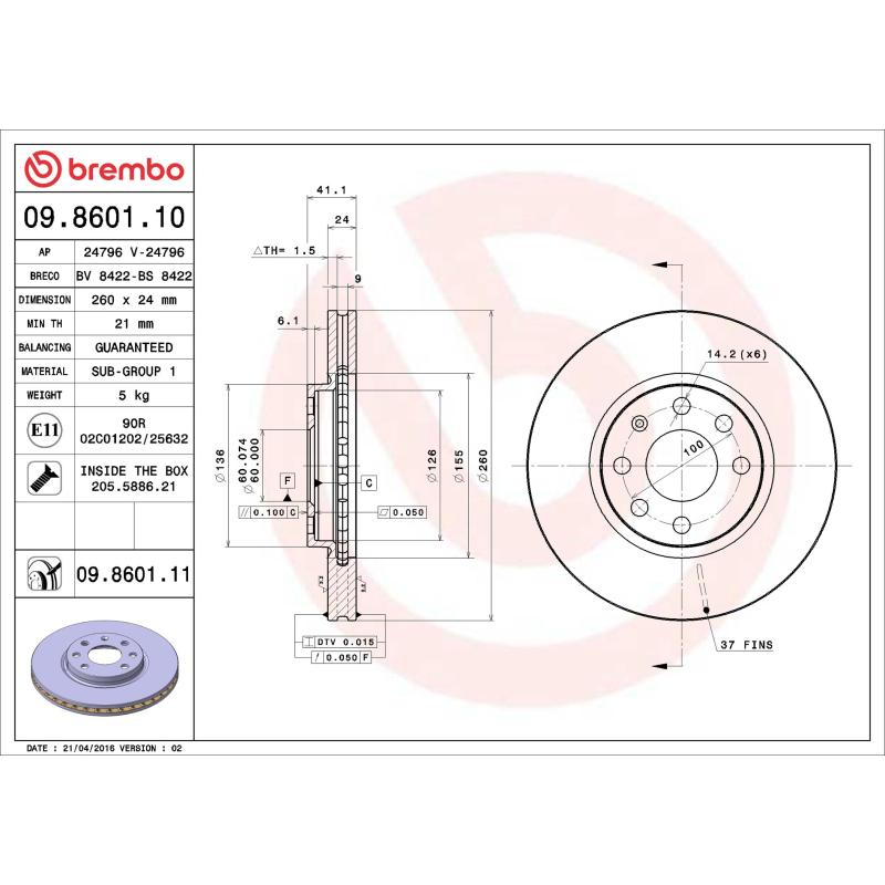 Jeu de 2 disques de frein avant BREMBO 09.8601.10 - Visuel 1