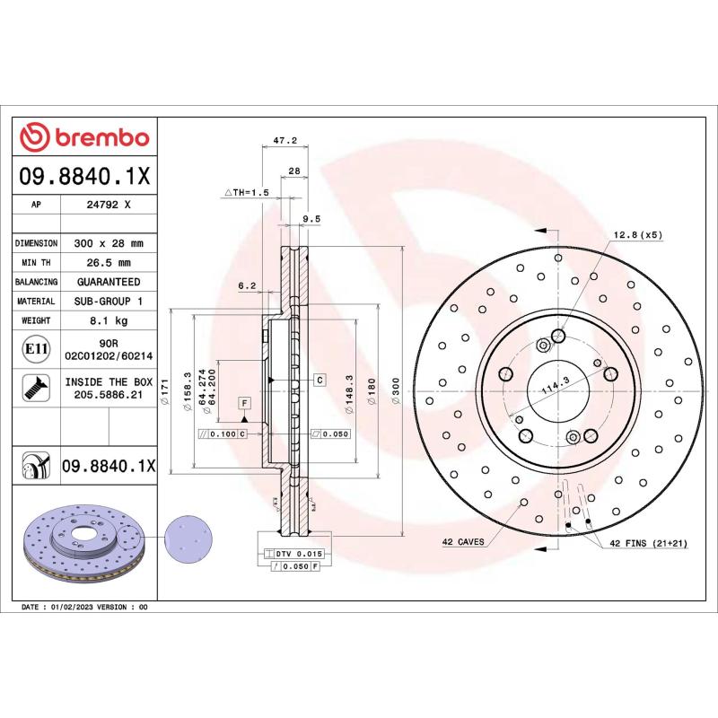 Jeu de 2 disques de frein arrière BREMBO 09.8840.1X - Visuel 1