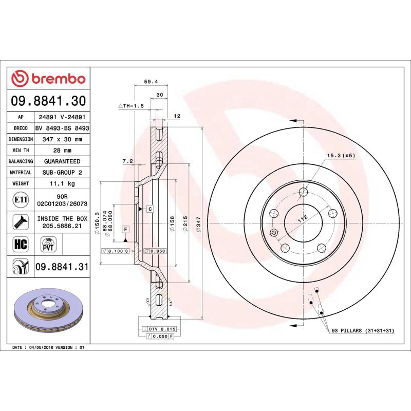 Jeu de 2 disques de frein avant BREMBO 09.8841.31 - Visuel 1