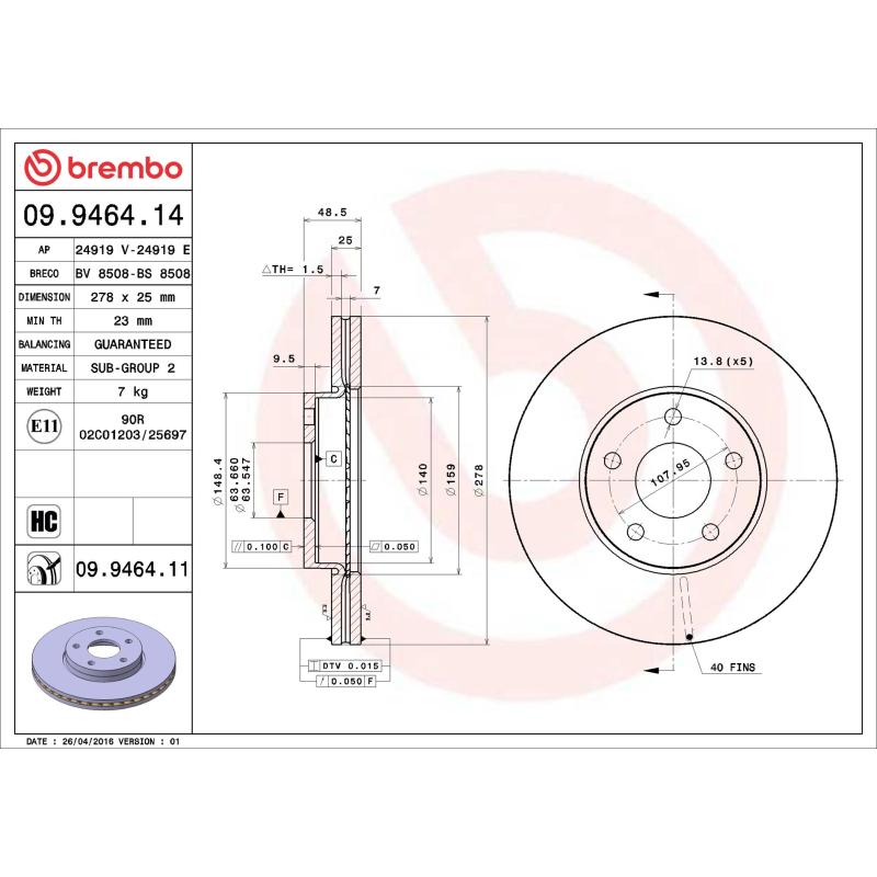 Jeu de 2 disques de frein avant BREMBO 09.9464.14 - Visuel 1