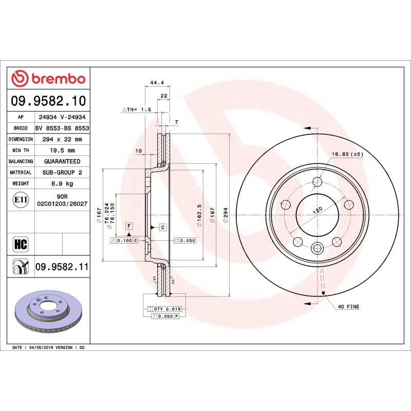 Jeu de 2 disques de frein arrière BREMBO 09.9582.11 - Visuel 1