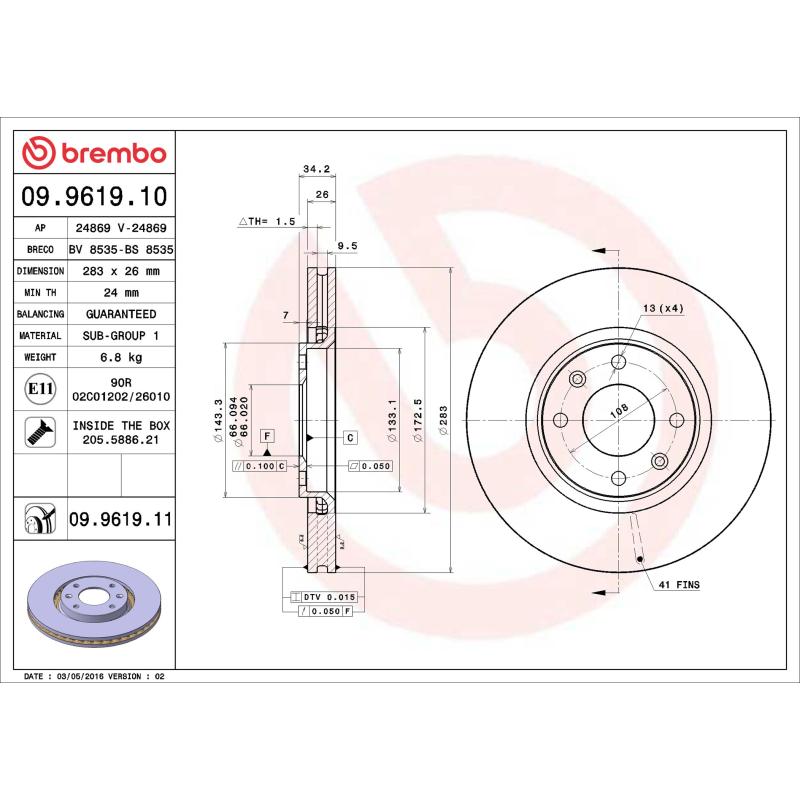 Jeu de 2 disques de frein avant BREMBO 09.9619.10 - Visuel 1