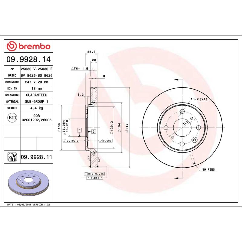 Jeu de 2 disques de frein avant BREMBO 09.9928.11 - Visuel 1
