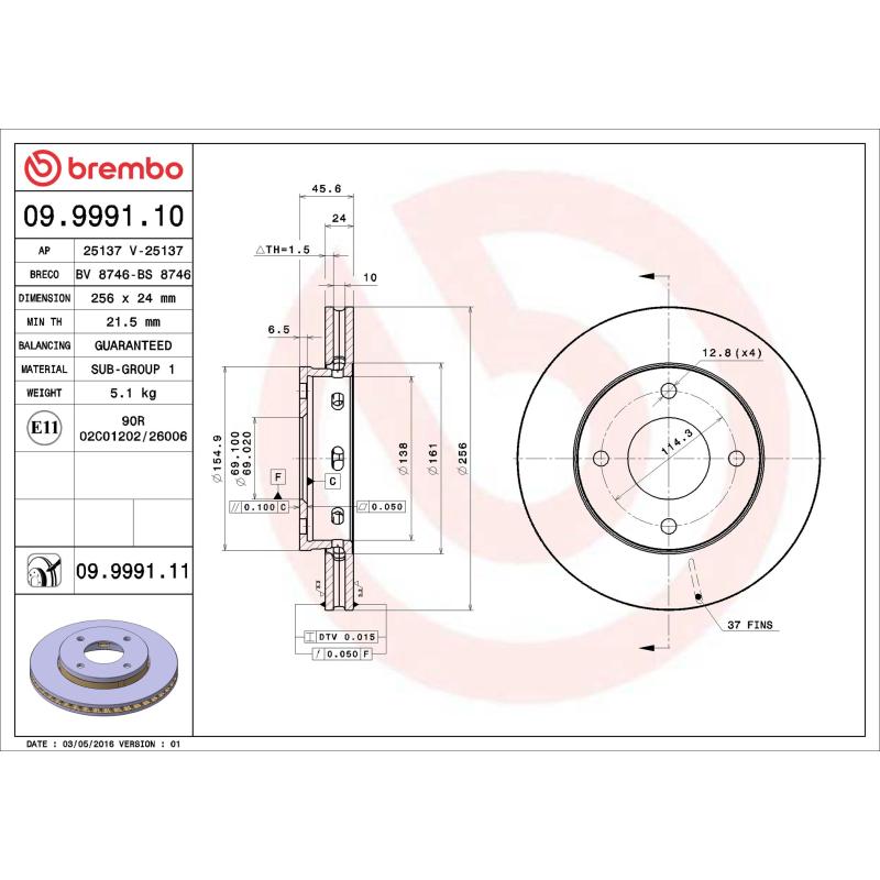 Jeu de 2 disques de frein avant BREMBO 09.9991.11 - Visuel 1