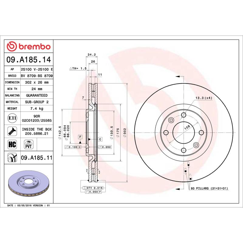 Jeu de 2 disques de frein avant BREMBO 09.A185.11 - Visuel 1
