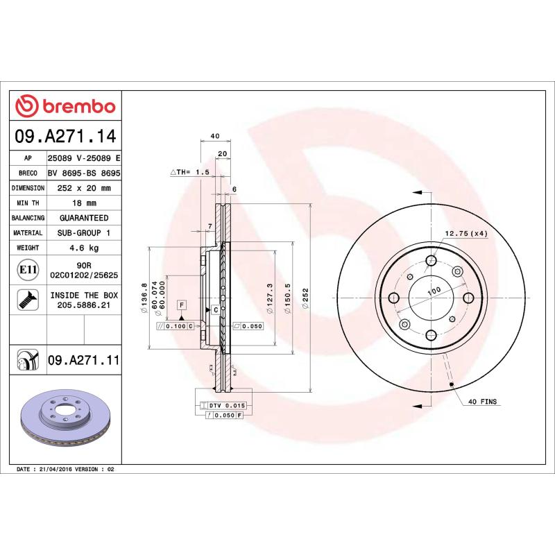 Jeu de 2 disques de frein avant BREMBO 09.A271.14 - Visuel 1