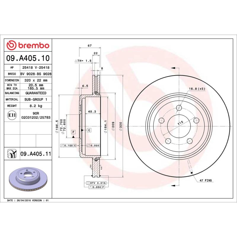Jeu de 2 disques de frein arrière BREMBO 09.A405.11 - Visuel 1