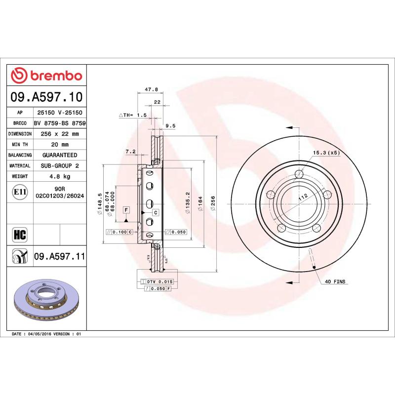 Jeu de 2 disques de frein arrière BREMBO 09.A597.11 - Visuel 1