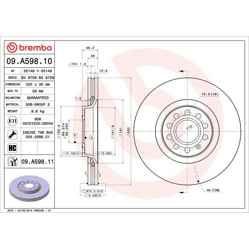 Jeu de 2 disques de frein avant BREMBO 09.A598.11 - Visuel 1
