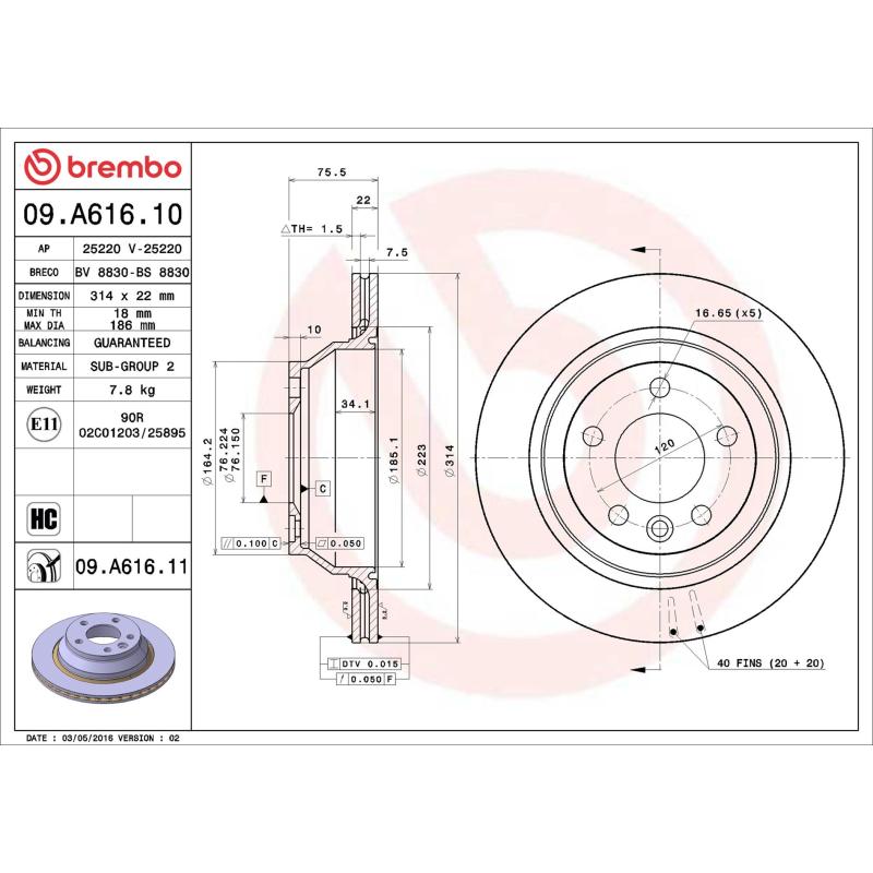 Jeu de 2 disques de frein arrière BREMBO 09.A616.11 - Visuel 1